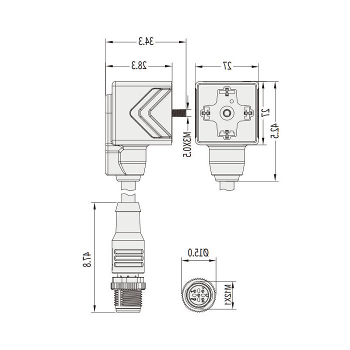 阀门插头类型A，DIN，18mm，4Pin/M12直型公头、双端预铸PUR柔性电缆、黑色护套、6VA041-XXX